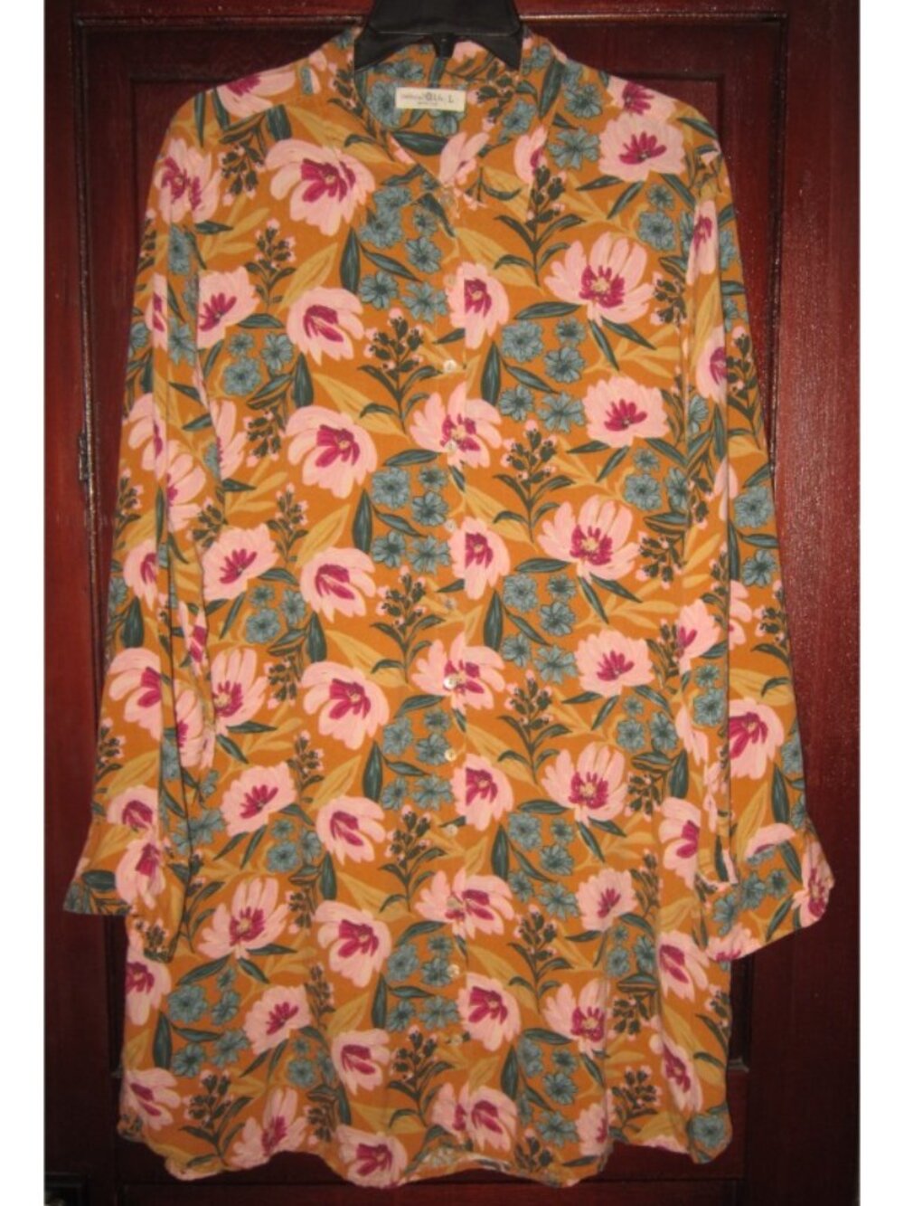 Natural Life L Shirt Dress Tunic Floral Print Tropical Colorful Pockets Button
